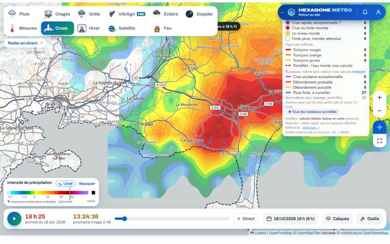 Carte Crues Hexagone Météo, 18 octobre 2026 à 18 h 25 : orage sur Hyères et Carqueiranne