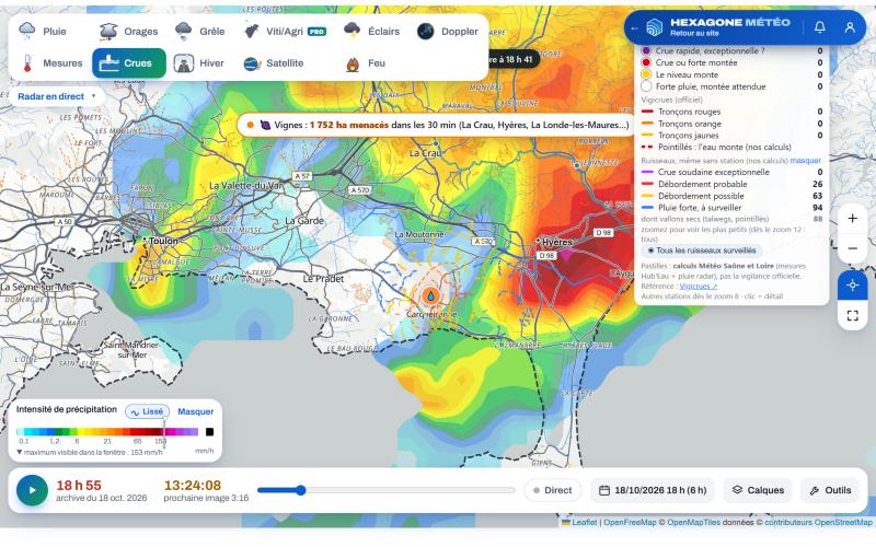 Carte Crues Hexagone Météo, 18 octobre 2026 à 18 h 55 : 26 débordements probables